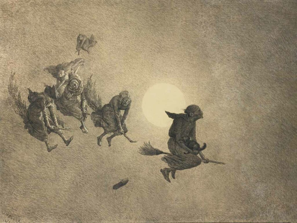 Dessin au crayon montrant plusieurs sorcières sur un balai passant devant le clair de lune