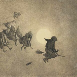 Dessin au crayon montrant plusieurs sorcières sur un balai passant devant le clair de lune