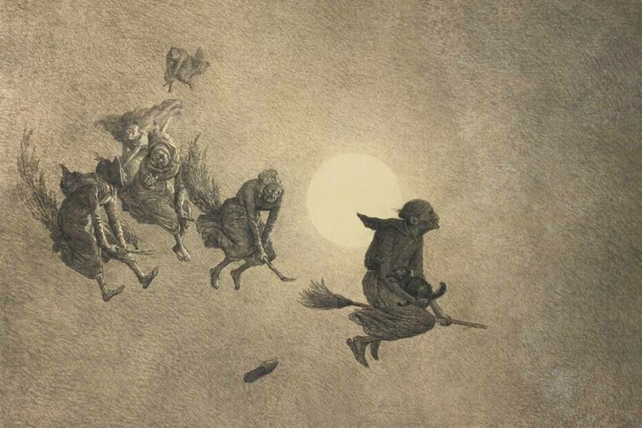 Dessin au crayon montrant plusieurs sorcières sur un balai passant devant le clair de lune
