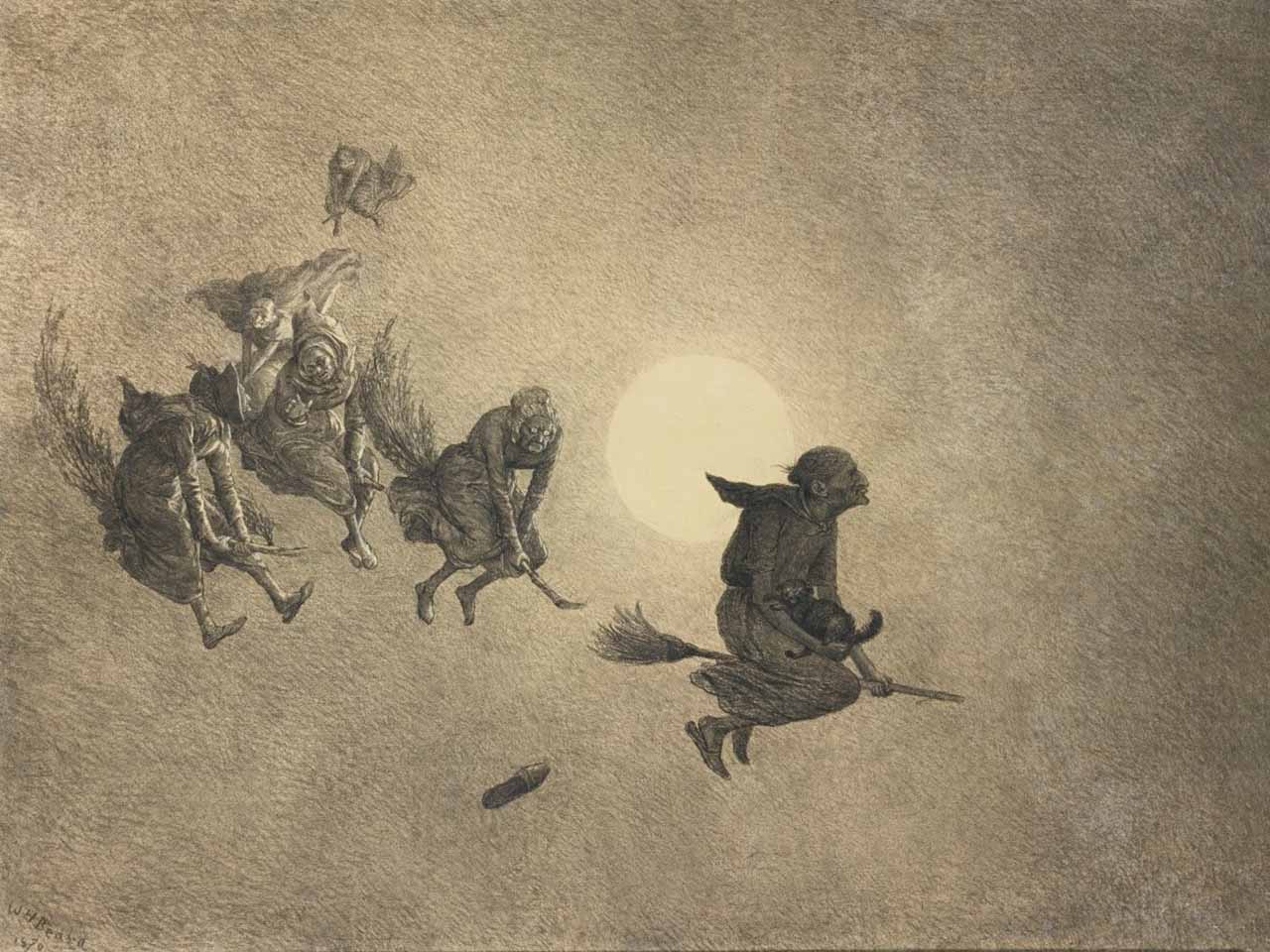 Dessin au crayon montrant plusieurs sorcières sur un balai passant devant le clair de lune